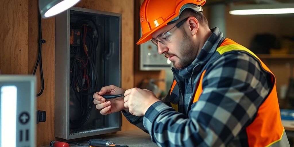 Electrician working with wires and tools