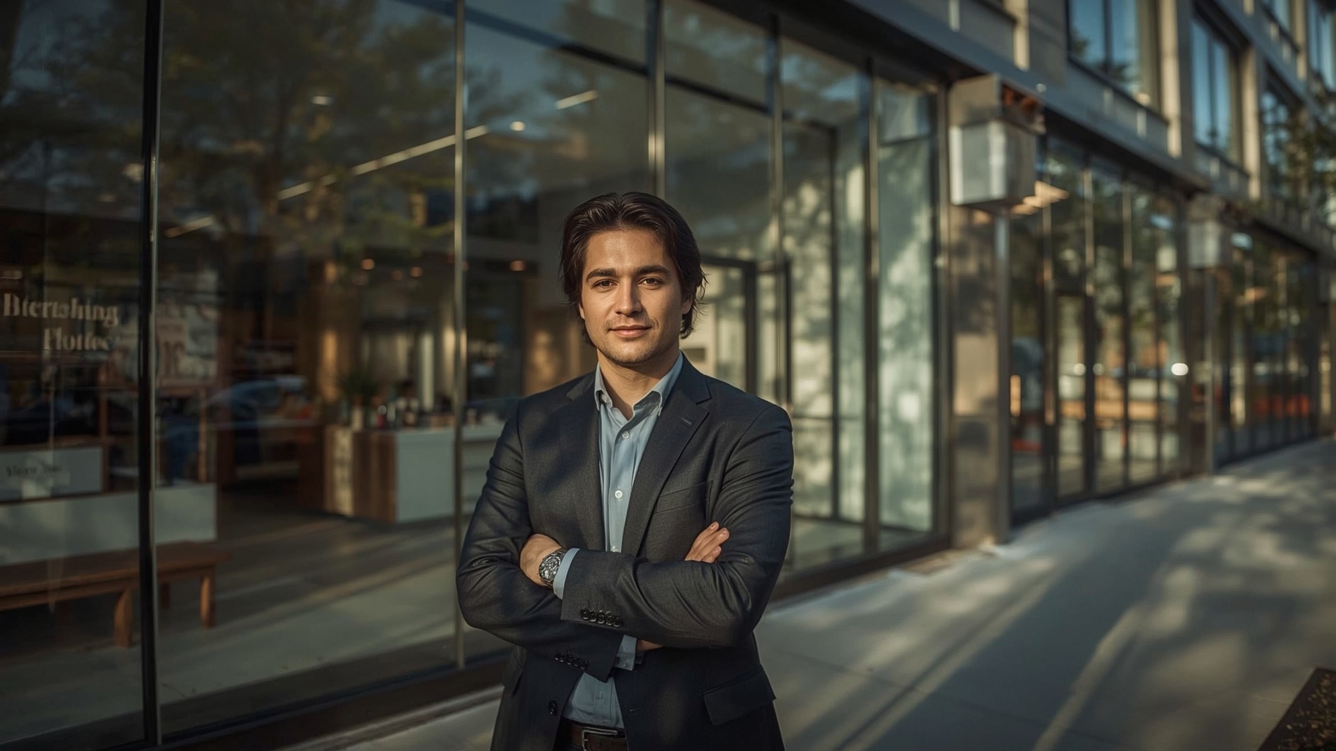 Entrepreneur standing confidently outside modern professional office storefront in urban setting