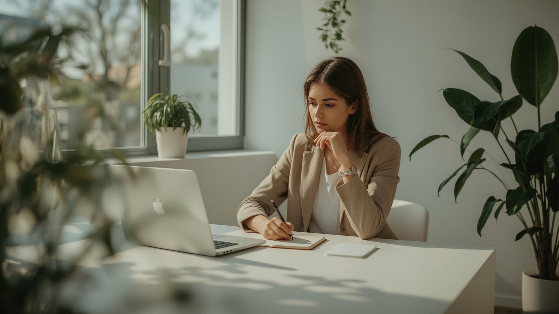Focused entrepreneur writing content strategy notes at clean minimalist modern desk