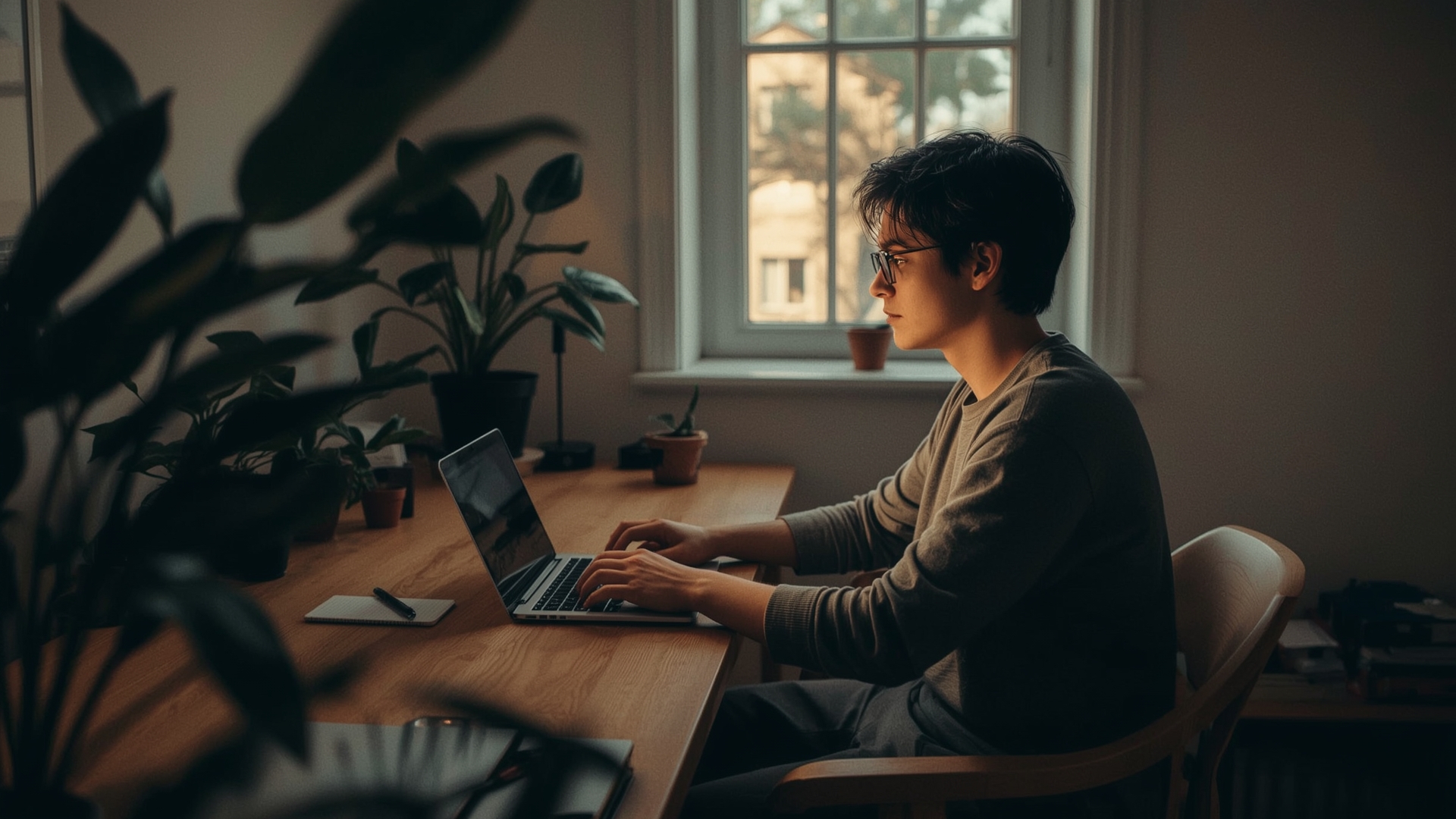 Beginner content creator working at home desk building organic traffic strategies