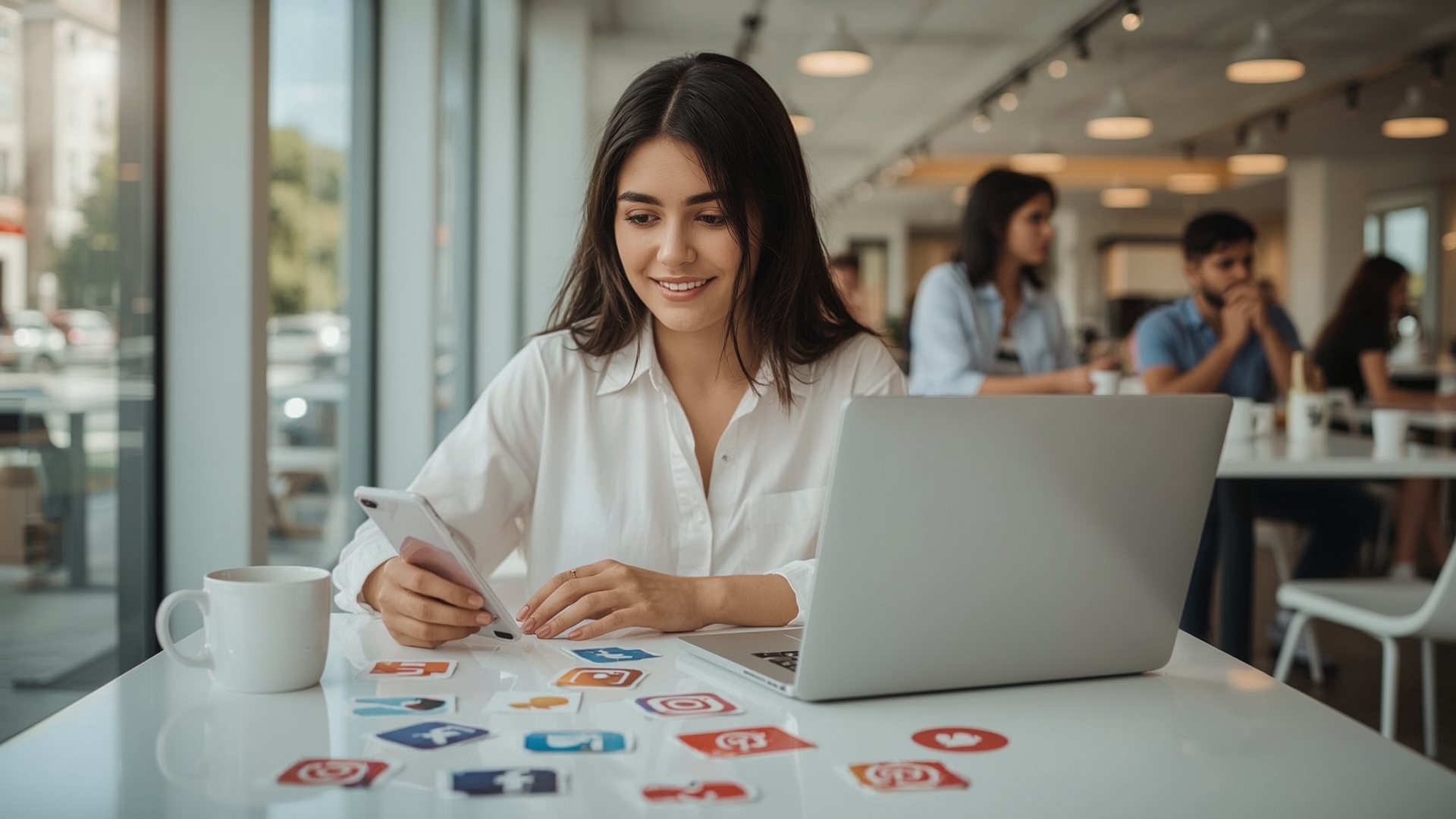 Content creator using phone and laptop to share blog posts across social platforms organically