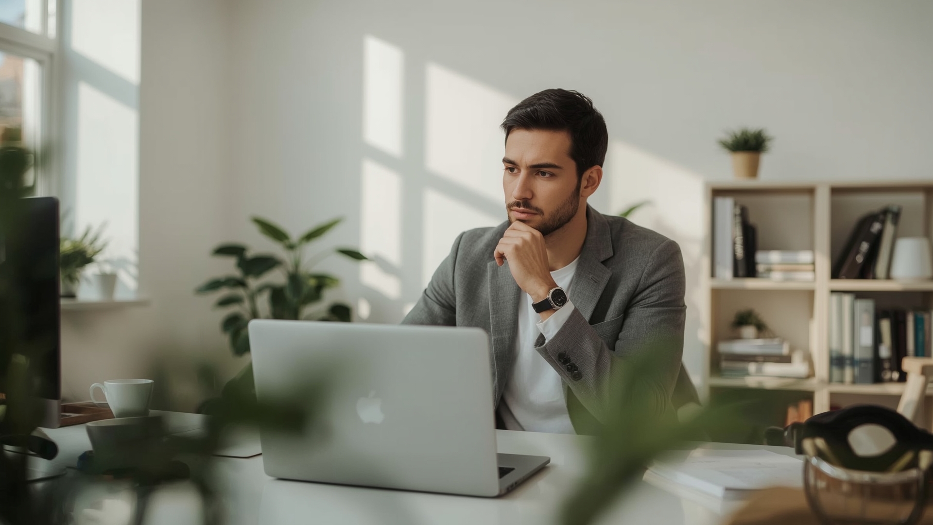 Focused founder writing compelling LinkedIn hook content at a bright modern home office desk