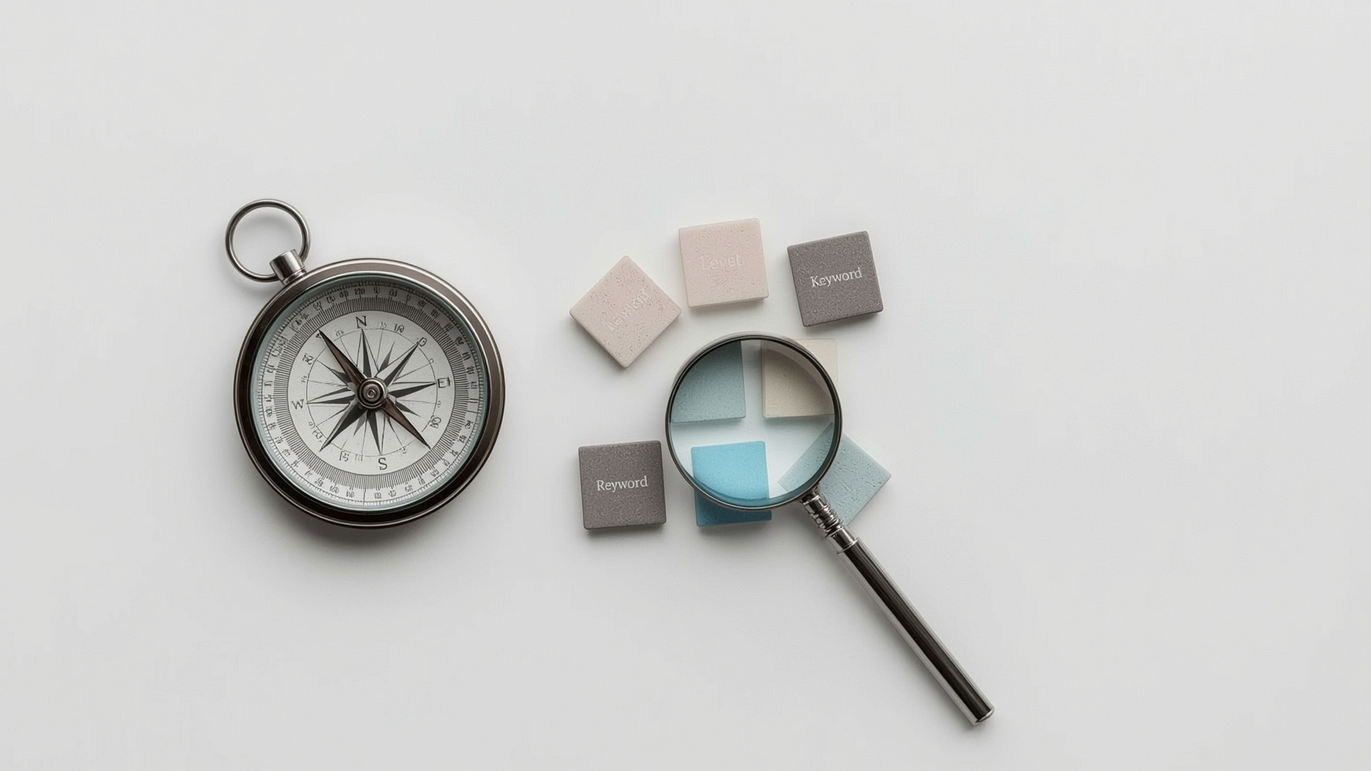 Niche keyword targeting strategy concept with compass and organized geometric tiles