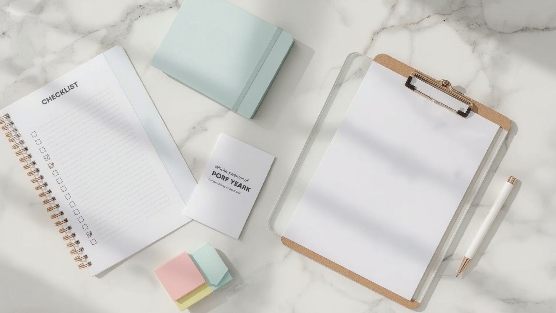 Overhead flat lay of lead magnet format options including checklists templates and PDF guides