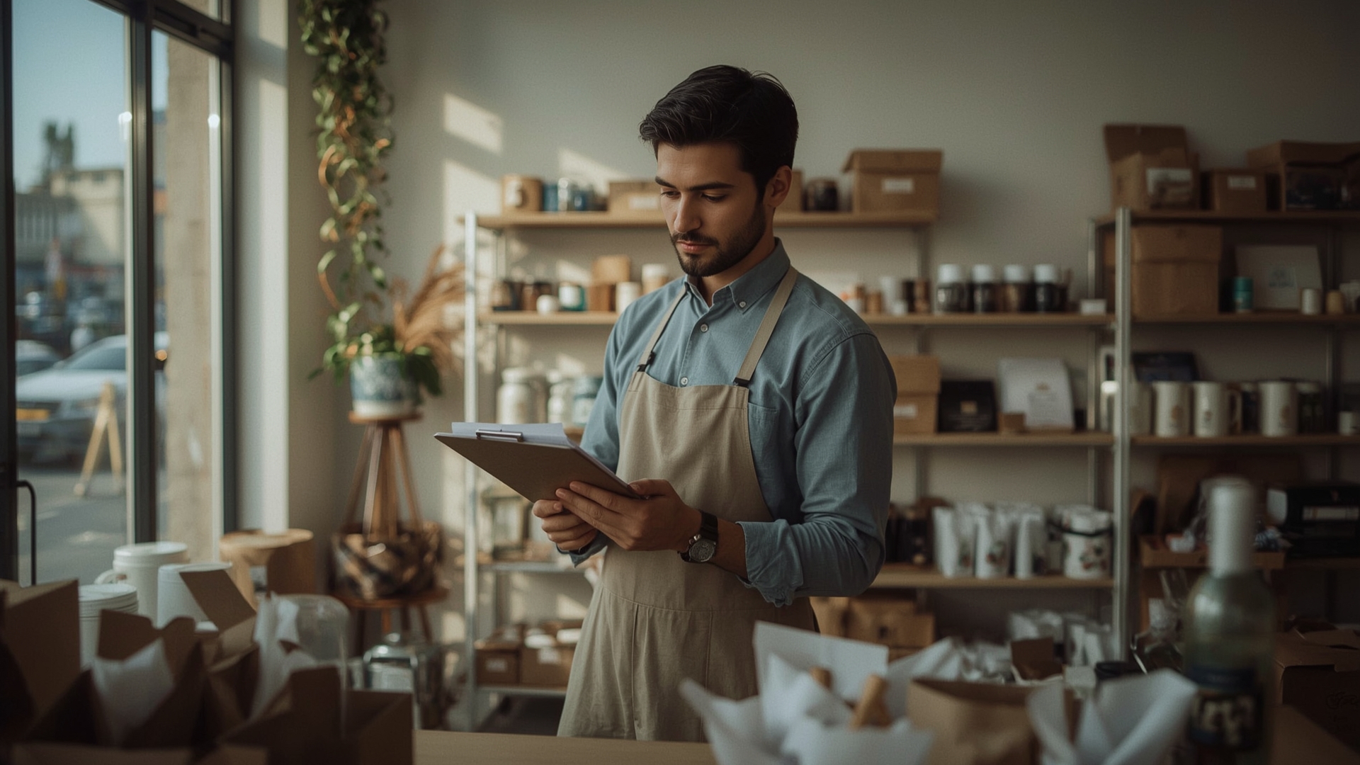 Small business owner reviewing content inventory checklist inside organized retail shop
