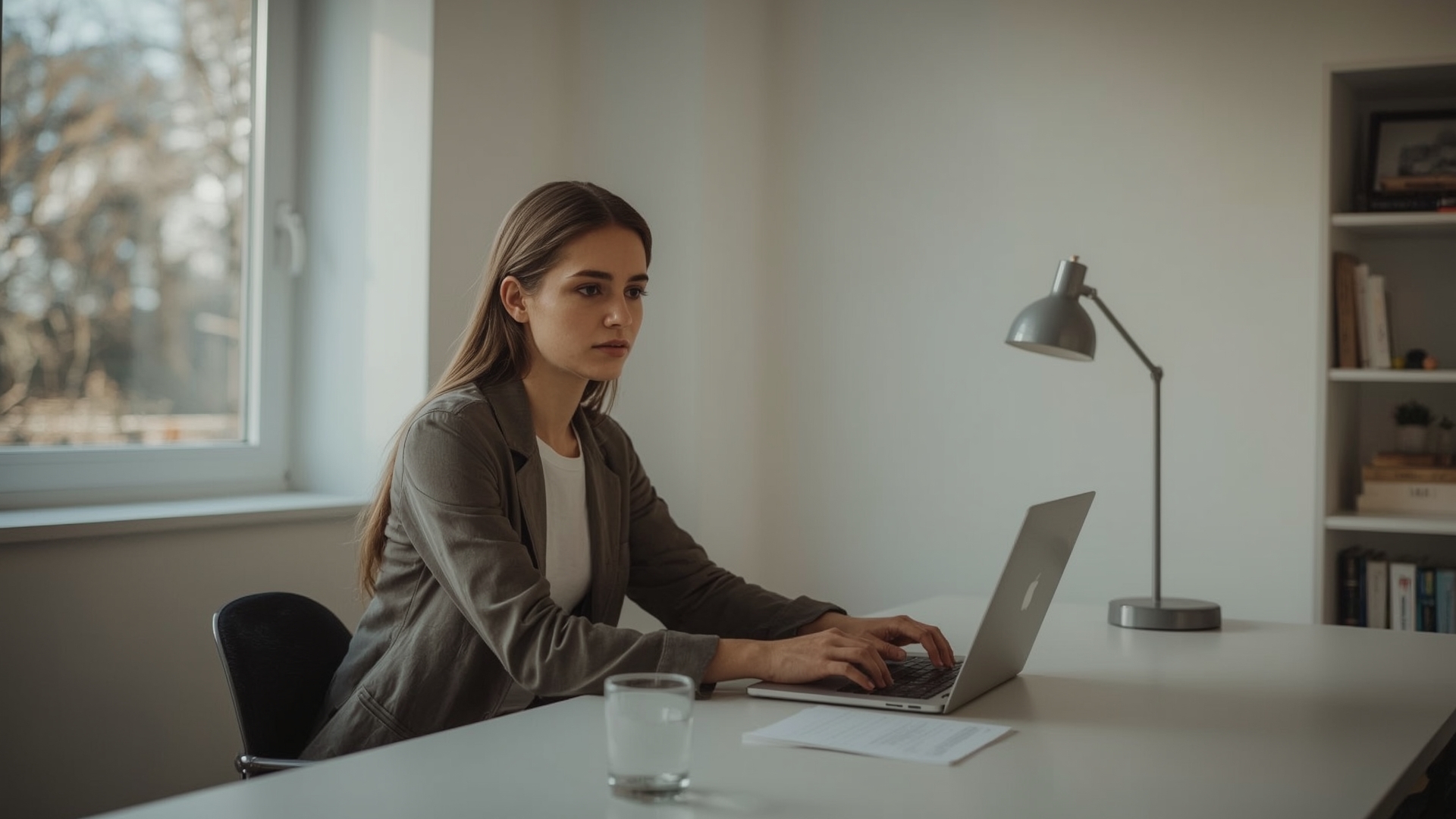 Young professional writing a guest post pitch email at a modern home office desk